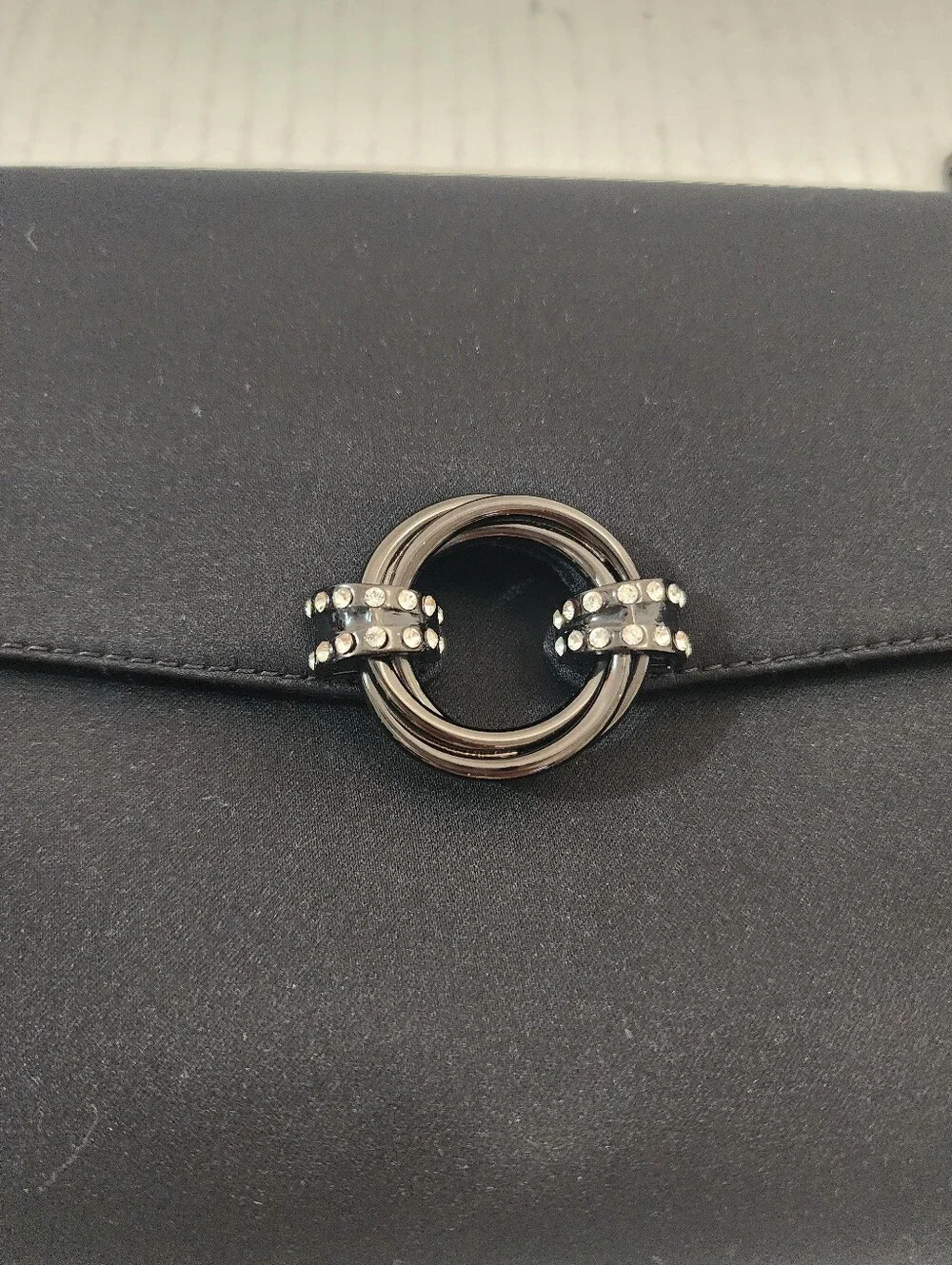 Vintage RODO Black Satin Evening Clutch Crystal Ring Chain Silver Bag Italy